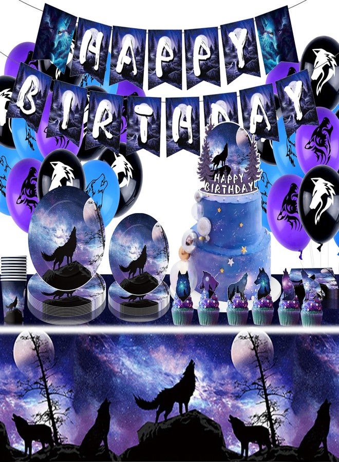 Bolsome 95Pcs Wolf Party Supplies Serves for 10 Guests, Wolf Plates Napkins Paper Cups Tablecloth Banner Balloons Cake Toppers for Boys Girls for Galaxy Wolf Birthday Party Decorations - Image 1